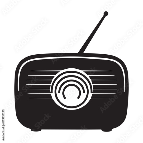 Vintage Radio Icon: Retro Broadcast Design Element, Classic Radio Graphic, Black and White Illustration silhouette
