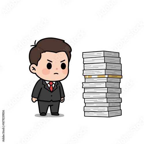 Cartoon businessman with an angry expression stares at a tall stack of documents or papers.