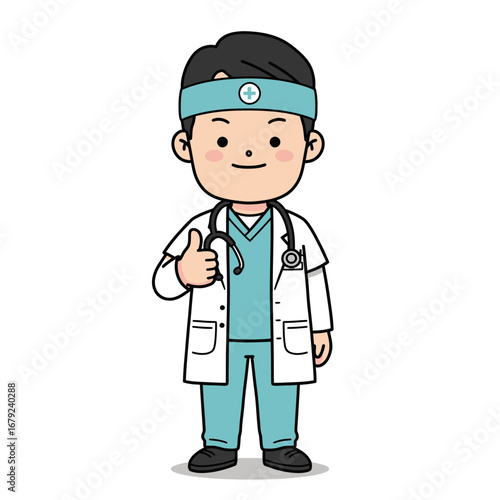 Cheerful cartoon doctor giving a thumbs-up gesture, showing approval and support.