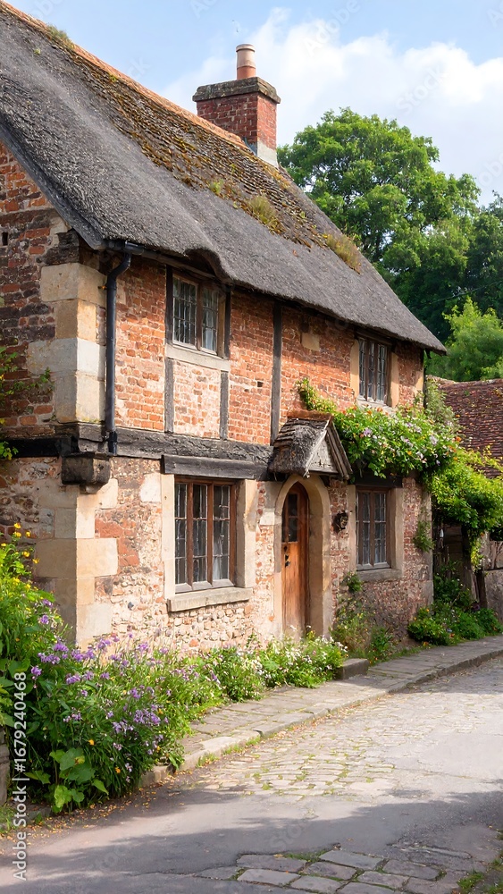 Fototapeta premium A charming, sun-drenched cottage with a thatched roof, nestled within a picturesque village lane, displays warm brick facade and lush plantings.
