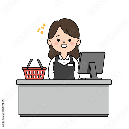 Happy cashier woman smiling at work behind a counter with a computer and shopping basket.