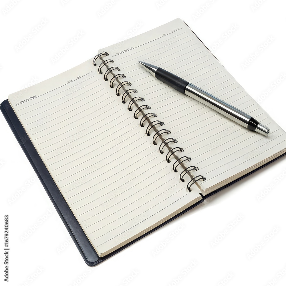 Open spiral bound notebook with lined pages and a metallic pen resting on the right side against a white background