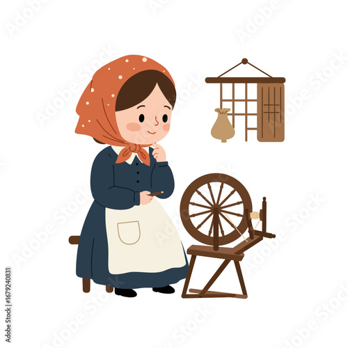 A cartoon illustration of a woman in traditional attire pondering near a spinning wheel.