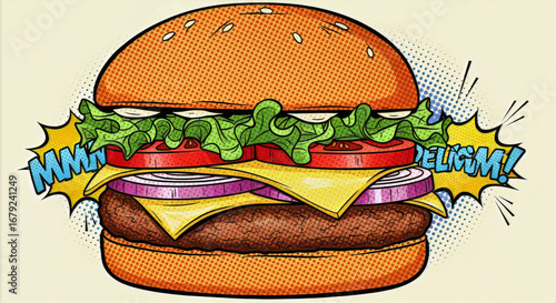 A cartoon style image of a burger with lettuce tomato onion cheese and a sesame seed bun with sound effects
