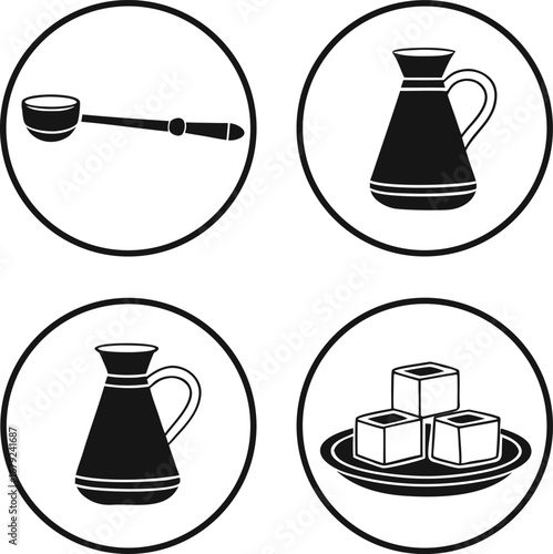 turkish, coffee, and, sweets, icon, set, traditional, middle, eastern, culture, simple, solid, black, design, icon, set, vector