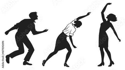 Silhouettes of three people dancing in dynamic poses a man and two women captured in a moment of energetic movement against a clean white background