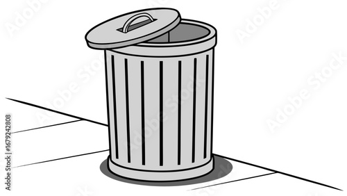 A simple cartoon illustration of a grey metal trash can with a slightly open lid and a handle standing on a tiled floor with a shadow