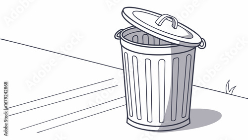 A simple line art illustration of a metal trash can with its lid open standing on a sidewalk next to a curb with a small tuft of grass