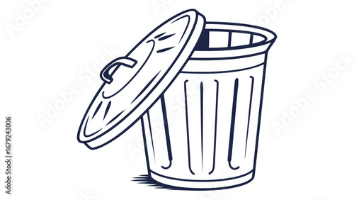 A simple cartoon illustration of a dark blue outline of an open trash can with its lid tilted to the side on a white background