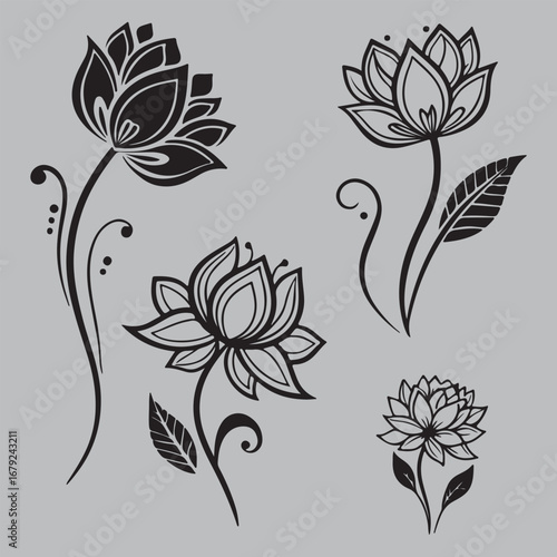 Lotus Flower Tattoo Vector Set silhouette design art and illustration
