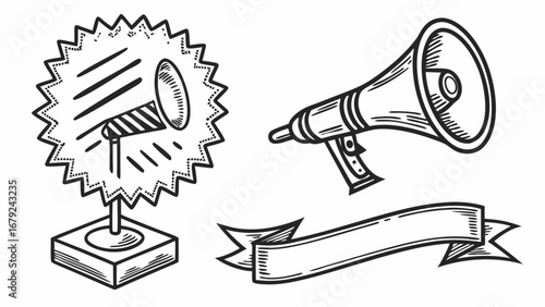 Hand drawn illustration of a megaphone on a pedestal a separate megaphone and a blank banner perfect for announcements and promotions
