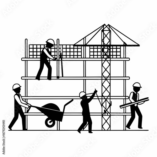 Construction workers in hard hats and overalls on scaffolding building a structure with a crane and wheelbarrow in a stylized black and white illustration