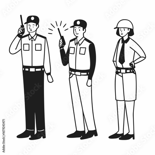 Three security guards in uniform standing and holding walkie talkies and one guard with a helmet and tie black and white illustration