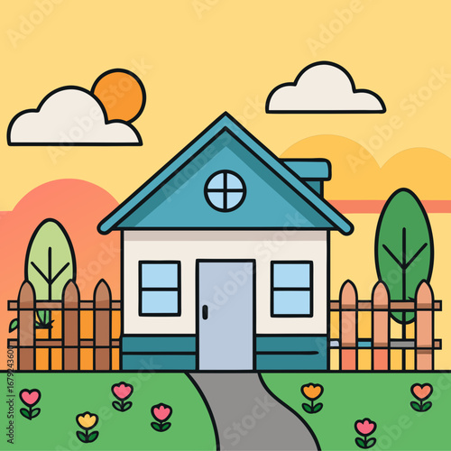 Minimalist cartoon house with backyard and fence cozy suburban dwelling vector illustration