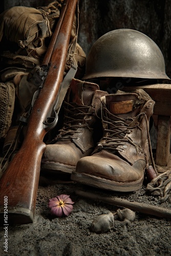 fallen soldier boots rifle helmet memorial composition