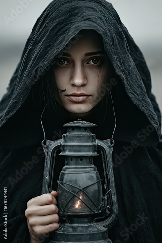 female witch in cloak holding lantern shadowed face mystical vibe