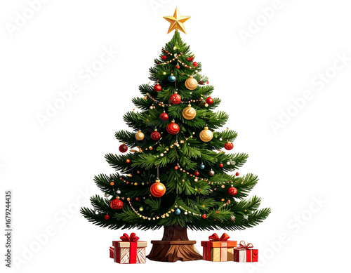 Festive Illustration of Christmas Tree with Decorations and Presents Isolated