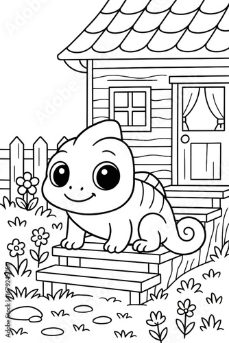 Adorable cartoon chameleon sitting on porch steps of a cozy house