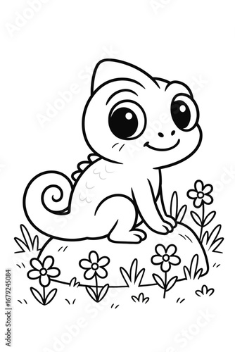 Adorable chameleon illustration sitting on a rock in a garden scenery