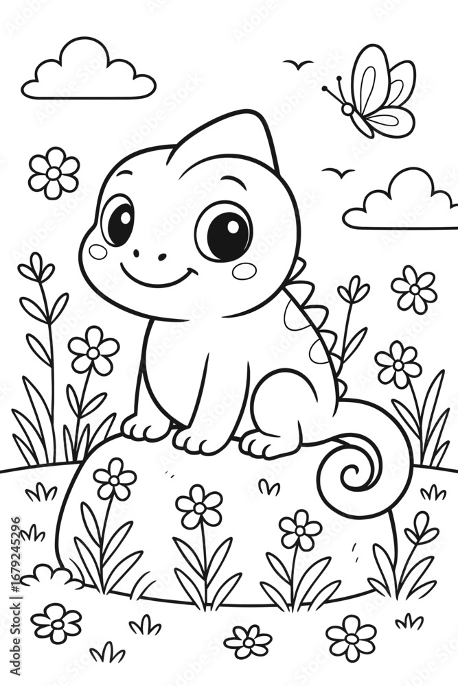Fototapeta premium Adorable chameleon sitting on a rock surrounded by flowers illustration
