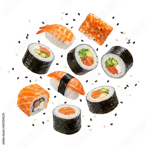 Top view of assorted sushi rolls with rice fish and vegetables isolated on white background for food illustration