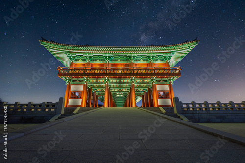 Woljeong Bridge, a bridge over the river, Beautiful traditional architecture at night is Tourist attractions in Gyeongju, South Korea.