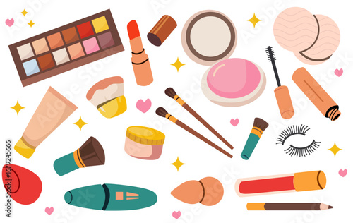 woman cosmetic products beauty set cosmetics set mascara lipstick eye shadows brush concealer lip gloss sponge trendy hand drawing doodle style elements