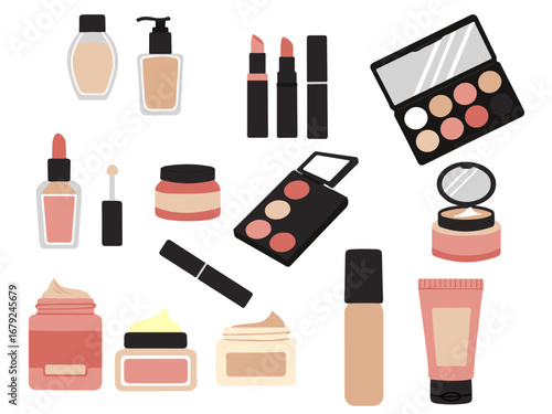 woman cosmetic products beauty set cosmetics set mascara lipstick eye shadows brush concealer lip gloss sponge trendy hand drawing doodle style elements