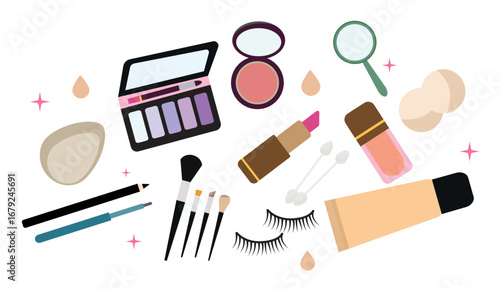 woman cosmetic products beauty set cosmetics set mascara lipstick eye shadows brush concealer lip gloss sponge trendy hand drawing doodle style elements