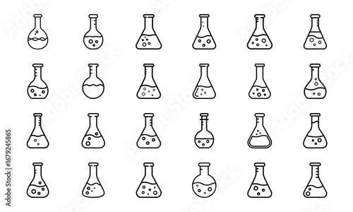 Collection of Laboratory Flask Icons – Black and White Line Art of Science Beakers, Chemistry Test Tubes, and Experimental Glassware Symbols for Education, Research, and Scientific Design