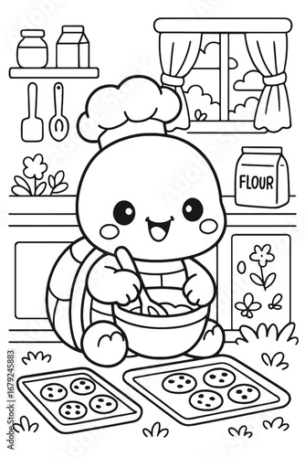 Adorable turtle chef baking cookies in a charming kitchen illustration
