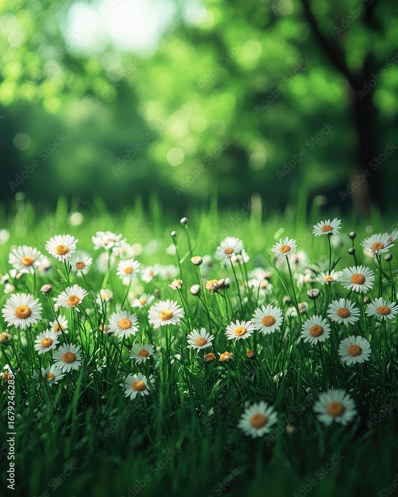 Fototapeta premium Small white flowers blooming in the grass