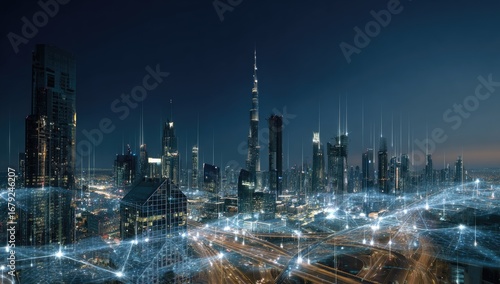 Wallpaper Mural Cityscape at night with digital network overlay Torontodigital.ca