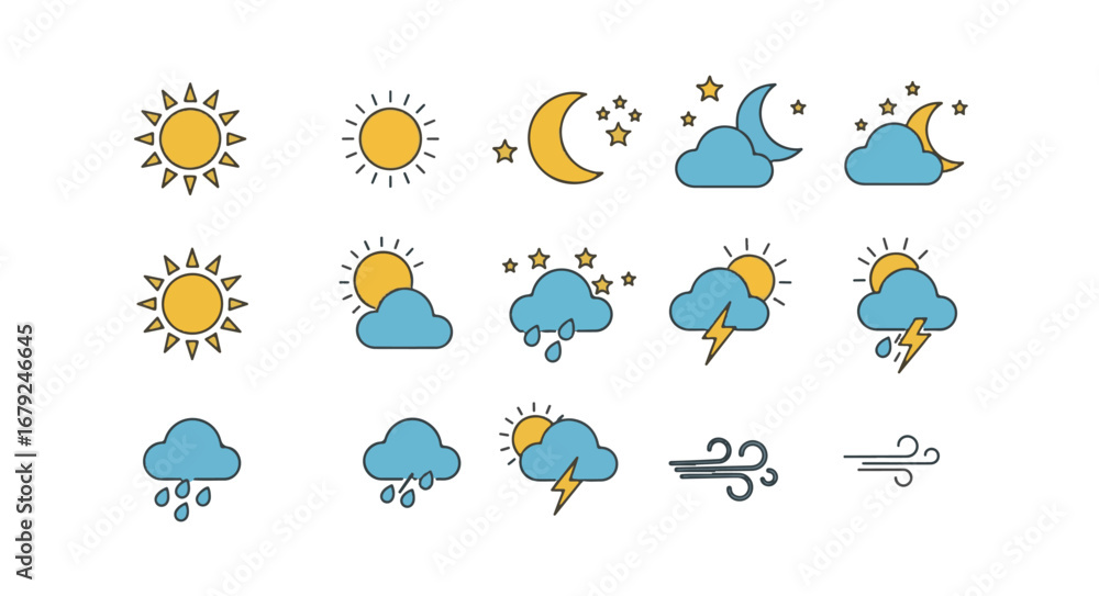 Obraz premium Weather Icons Vector Set with Cloud, Sun, Rain, and Snow Symbols