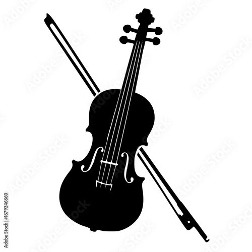 Black Silhouette Violin with Bow Vector Isolated on White Background