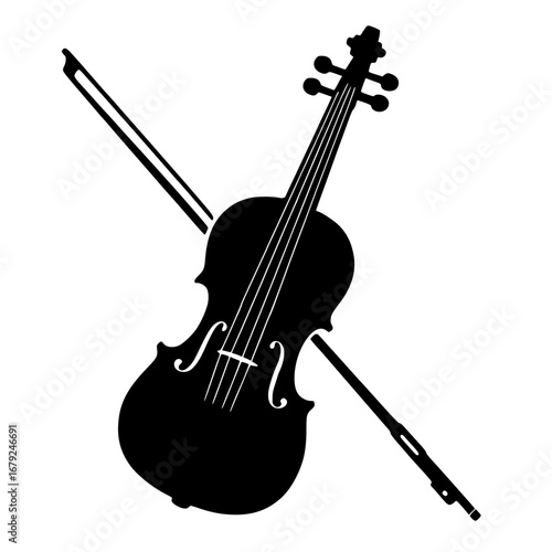 Black Silhouette Violin with Bow Vector Isolated on White Background