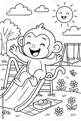 Cartoon monkey sliding down a slide in a park with picnic and swingset