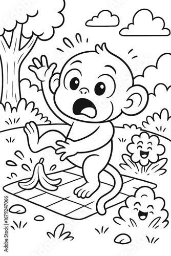 Cartoon monkey slips on banana peel in funny comic style drawing