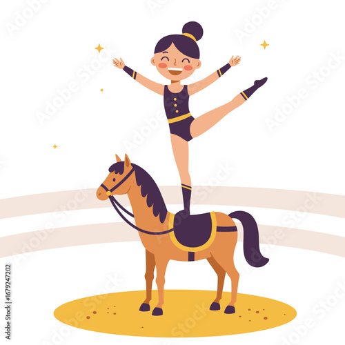Cheerful girl performing gymnastics on a horse in a circus setting  