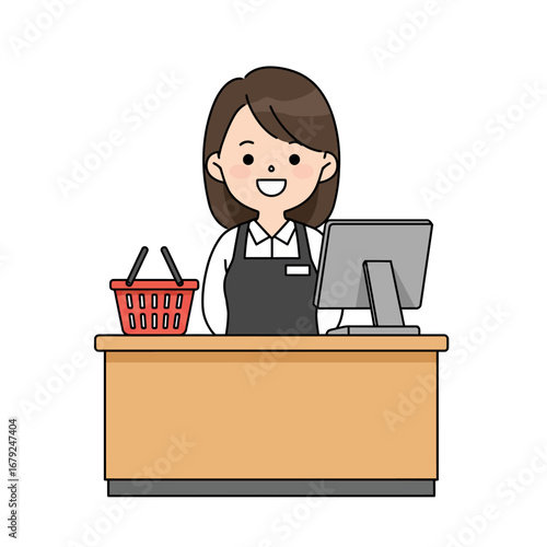 A smiling female cashier stands behind a counter with a red shopping basket and a computer monitor, ready to assist customers.