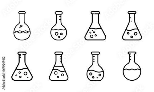 Collection of Laboratory Flask Icons – Black and White Line Art of Science Beakers, Chemistry Test Tubes, and Experimental Glassware Symbols for Education, Research, and Scientific Design
