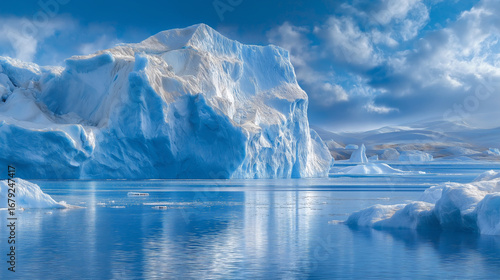 Wallpaper Mural Auras encircle massive icebergs in a polar sea with penguins sliding nearby aurora lights faintly visible floating ice chunks and distant seals on floes illustrated in a crisp Torontodigital.ca