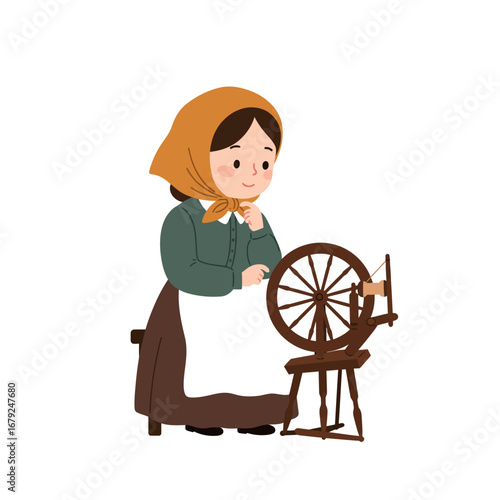 A charming illustration of a woman in traditional clothing operating an old-fashioned wooden spinning wheel.