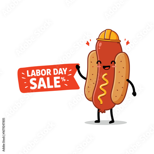 A cheerful cartoon hot dog wearing a hard hat and holding a "Labor Day Sale" banner, celebrating the holiday with a festive promotion.