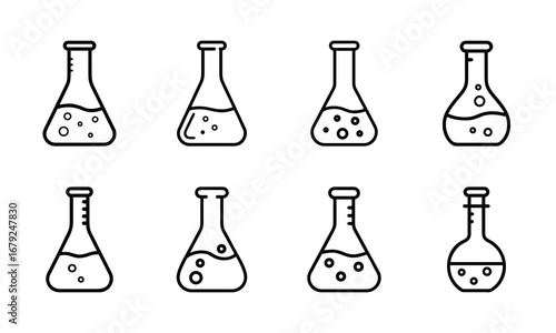 Collection of Laboratory Flask Icons – Black and White Line Art of Science Beakers, Chemistry Test Tubes, and Experimental Glassware Symbols for Education, Research, and Scientific Design