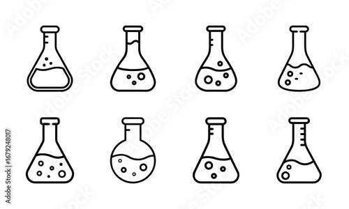 Collection of Laboratory Flask Icons – Black and White Line Art of Science Beakers, Chemistry Test Tubes, and Experimental Glassware Symbols for Education, Research, and Scientific Design