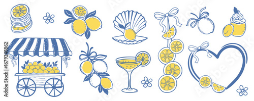 Hand-drawn doodle set with lemons, citrus slices, drinks, desserts, and decorative elements. Fresh summer style illustrations 