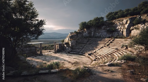 Greek amphitheater ancient ruins cinematic composition
