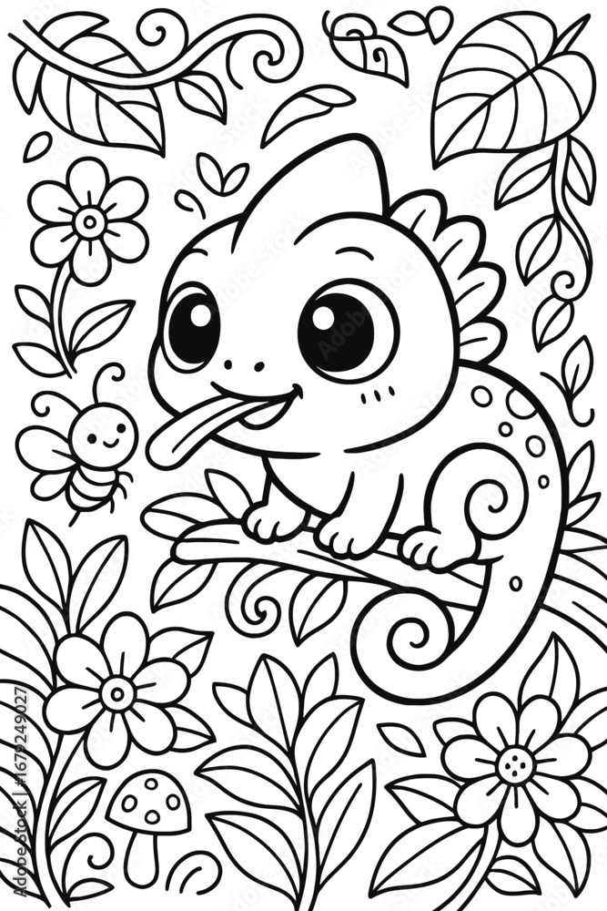 Fototapeta premium Cute chameleon catching a bee in a whimsical jungle scene for coloring