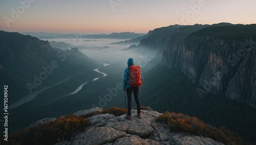 Awe-inspiring wide shot of a female hiker on a cliff overlooking a vast mountain range.
